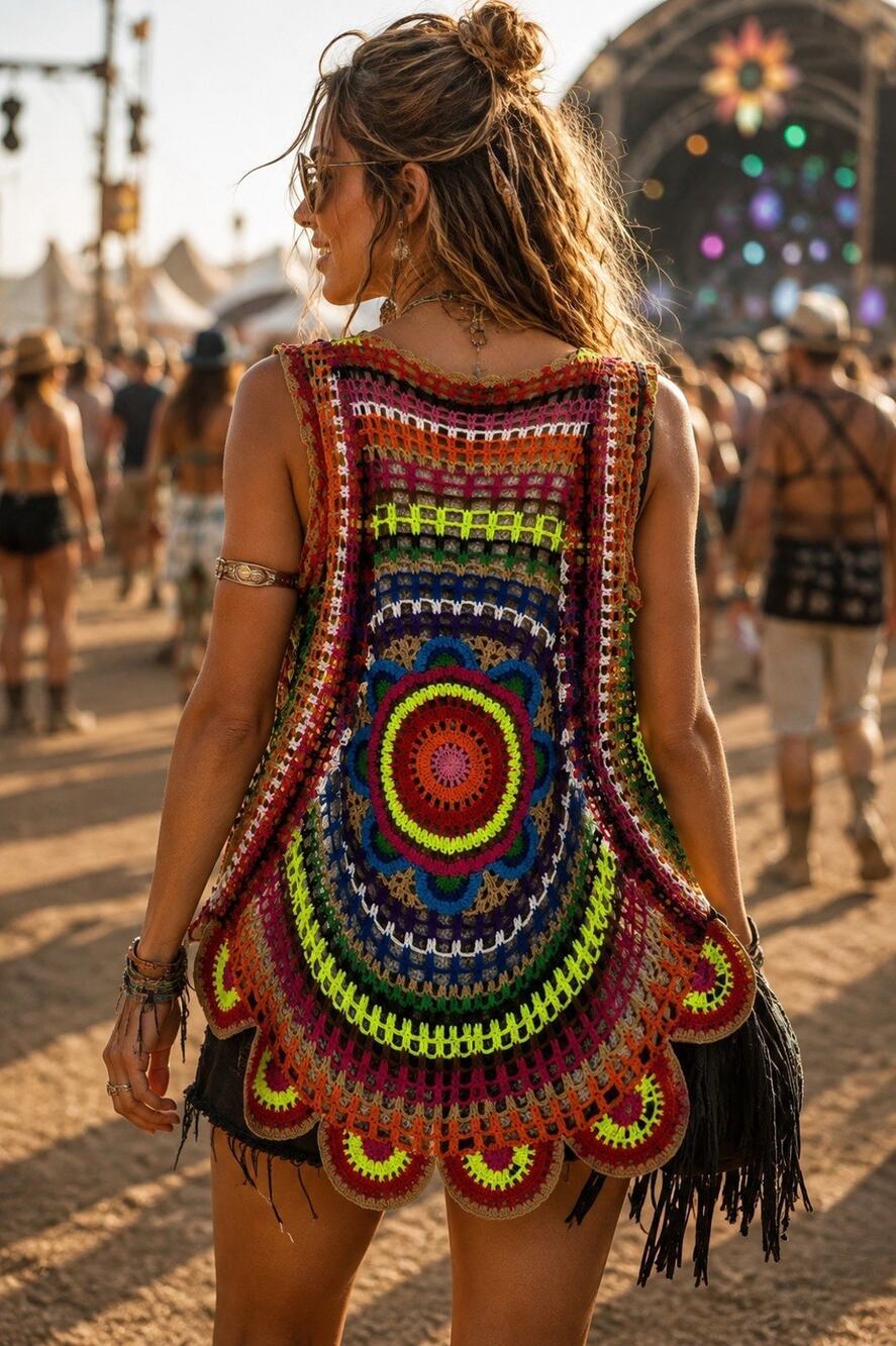 Forever 21 Multicolor Crochet Mandala Open Knit Boho Festival Vest Size SP